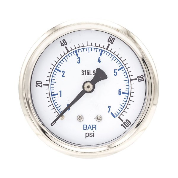 Pic Gauges Gauge, 2.5", 0/100psi, 1/4"CBM, SS PRO-302D-254E-01